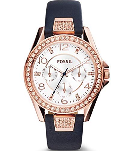 Fossil ES3887 Riley Silver Dial Blue Leather Multi-Function Watch for Women