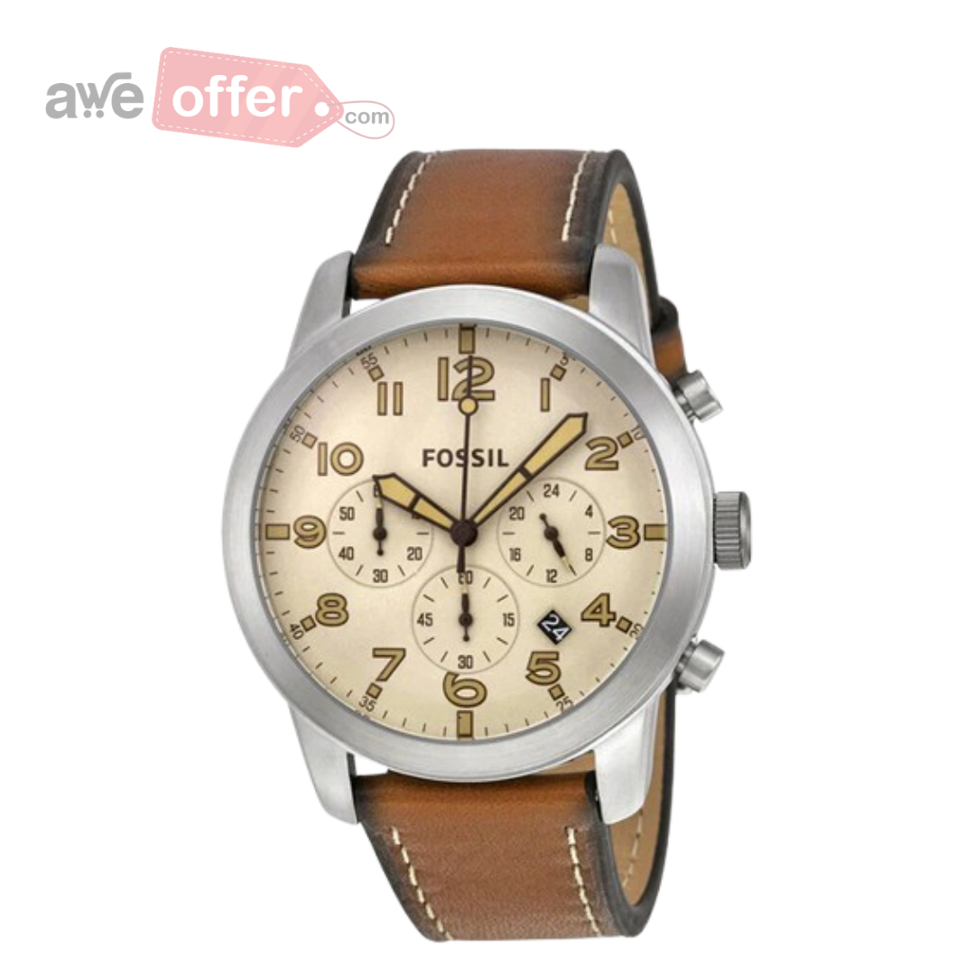 FOSSIL PILOT 54 BEIGE DIAL CHRONOGRAPH LEATHER STRAP MENS WATCH-FS5144